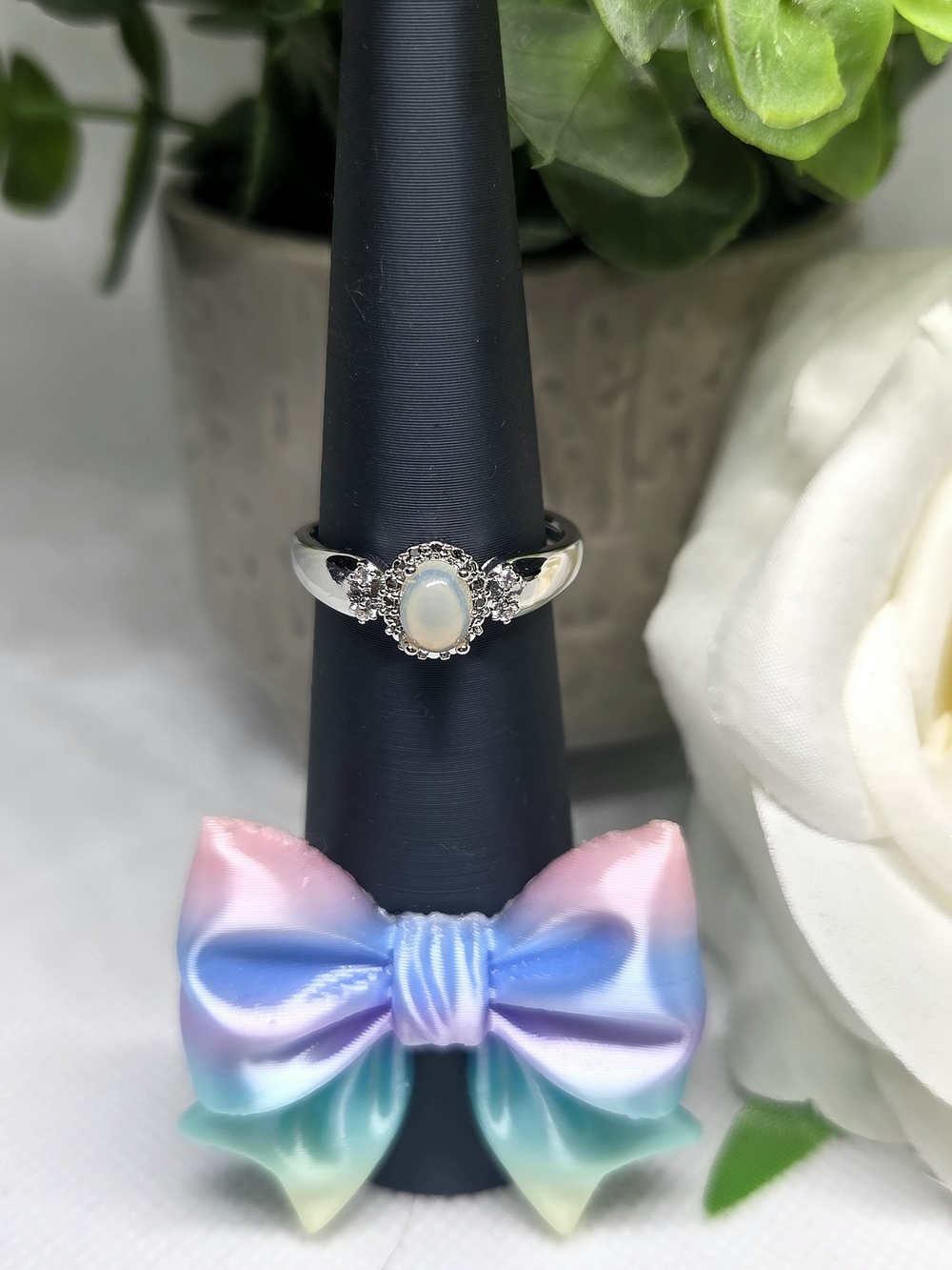 Stunning White Opal Halo Ring With  CZ Accents